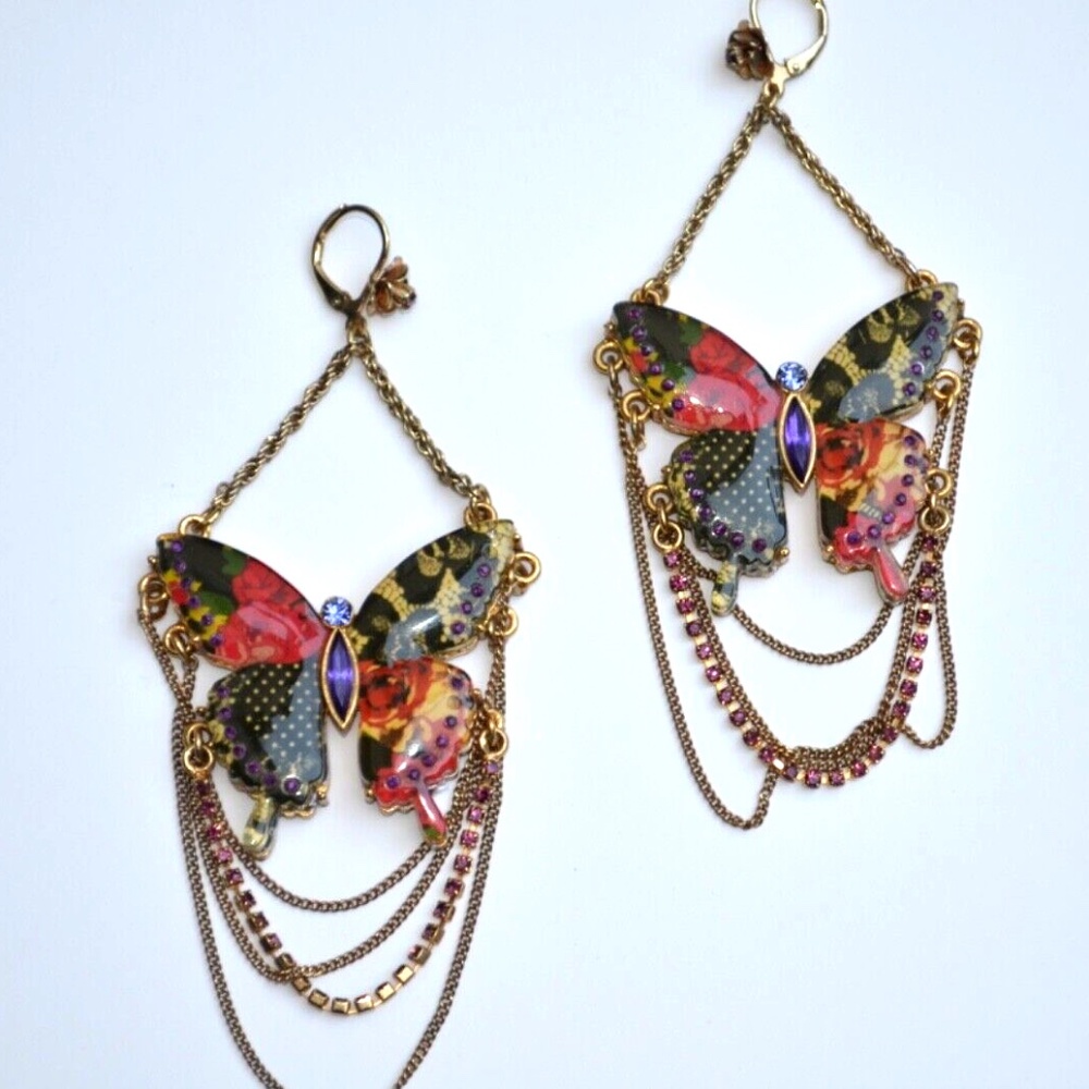 Vintage Betsey Johnson Patchwork Butterfly Pierced Earrings Chandelier Lucite